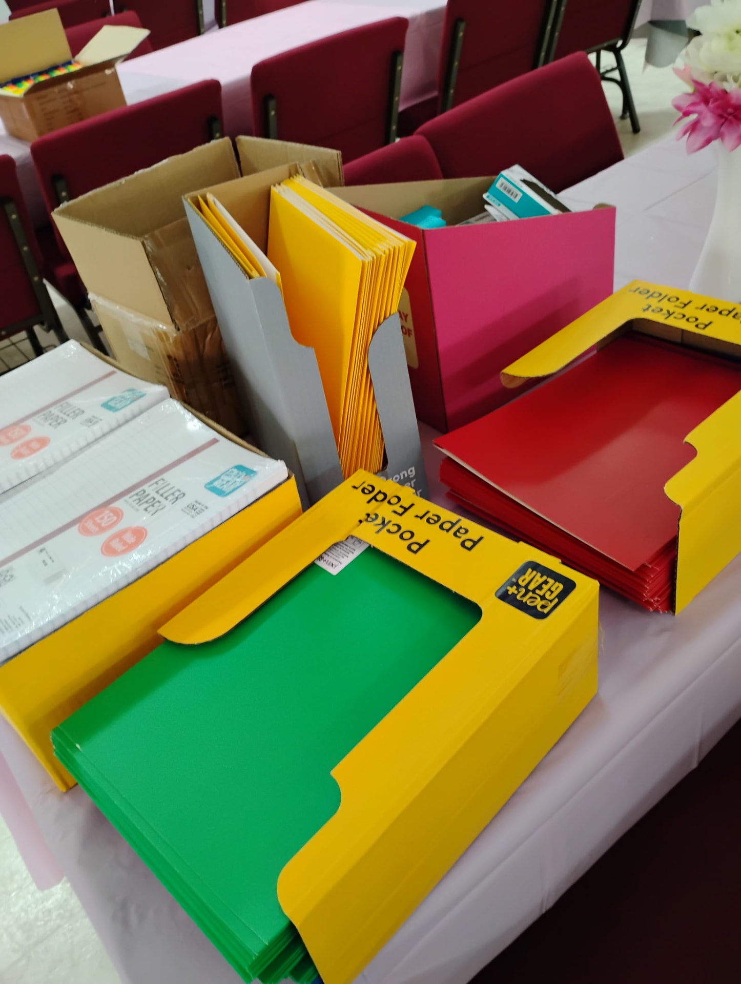 Close-up of school supply folders and paper