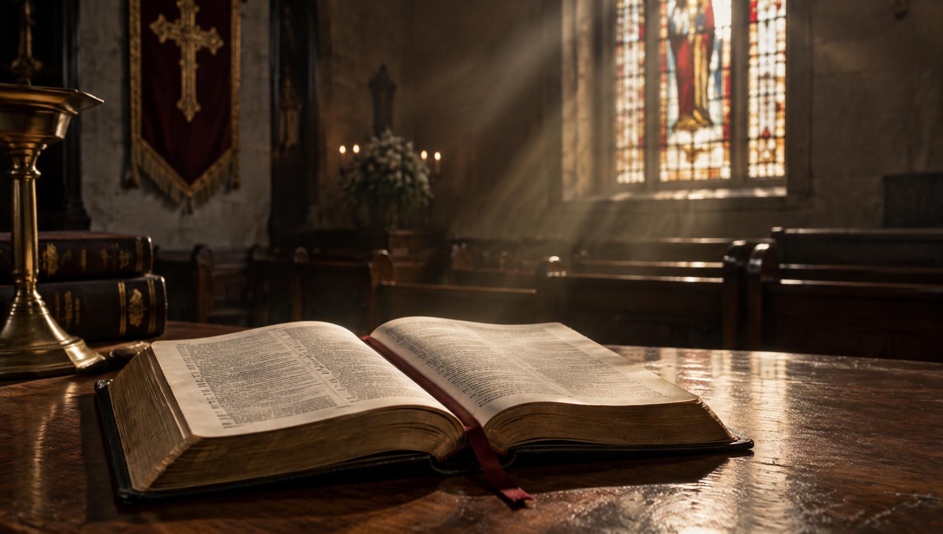 Open Bible lit by sunlight through a stained glass window